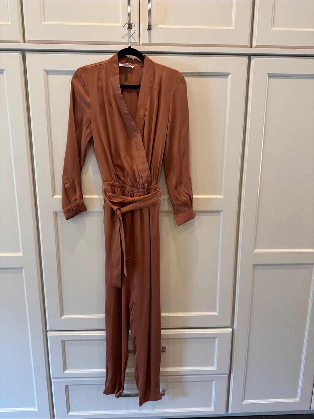 LBLC Copper colored Satin Wrap Jumpsuit with Waist Tie
